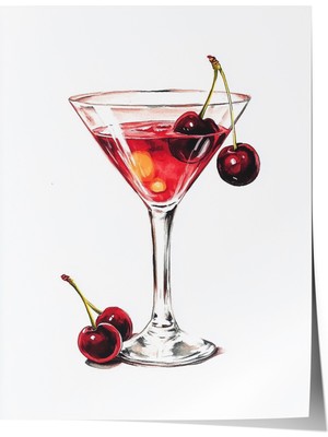 Çerçevesiz Poster, Kirazlı Kokteyl, Beyaz Arka Plan, Aquarelle Stil Poster No: 107174