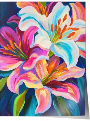 Çerçevesiz Poster, Lilyum Çiçekleri, Canlı Renkler, Dijital Boyama Poster No: 107307