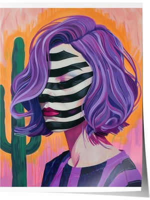 Çerçevesiz Poster, Kadın Portresi, Mor Saçlar ve Zikzak Yüz, Soyut Stil Poster No: 106586