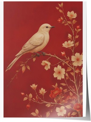 Çerçevesiz Poster, Kuş ve Çiçek Deseni, Kırmızı Arka Plan, Minimal Stil Poster No: 107514