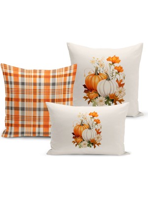 Sonbahar Serisi Çift Tarafı Dijital Baskılı  3'lü Kırlent Kılıfı Seti (Halloween Autumn)