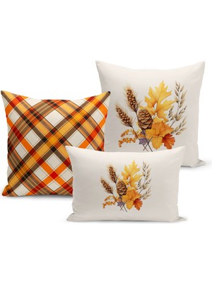 Sonbahar Serisi Çift Tarafı Dijital Baskılı  3'lü Kırlent Kılıfı Seti (Halloween Autumn)