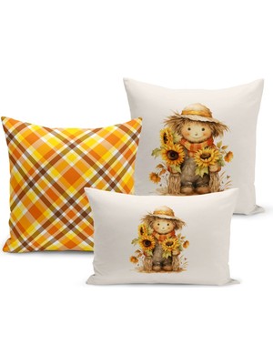 Sonbahar Serisi Çift Tarafı Dijital Baskılı  3'lü Kırlent Kılıfı Seti (Halloween Autumn)