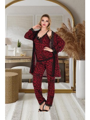 Izabel Kadın Üçlü Sabahlık Desanllı Fantazi Pijama  Takım