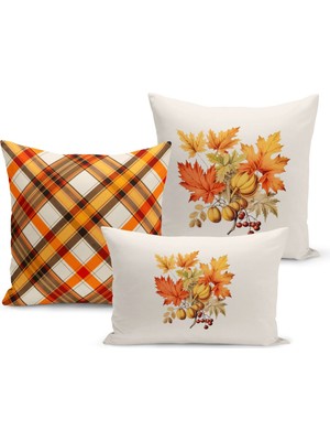 Sonbahar Serisi Çift Tarafı Dijital Baskılı  3'lü Kırlent Kılıfı Seti (Halloween Autumn)