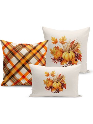 Sonbahar Serisi Çift Tarafı Dijital Baskılı  3'lü Kırlent Kılıfı Seti (Halloween Autumn)