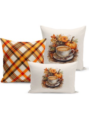 Sonbahar Serisi Çift Tarafı Dijital Baskılı  3'lü Kırlent Kılıfı Seti (Halloween Autumn)