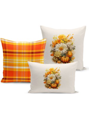 Sonbahar Serisi Çift Tarafı Dijital Baskılı  3'lü Kırlent Kılıfı Seti (Halloween Autumn)