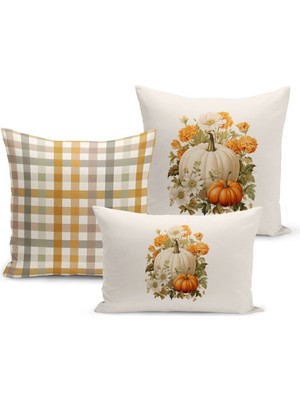 Sonbahar Serisi Çift Tarafı Dijital Baskılı  3'lü Kırlent Kılıfı Seti (Halloween Autumn)