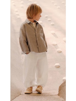 Çocuk Takım – Kahverengi Gömlek & Beyaz Pantolon