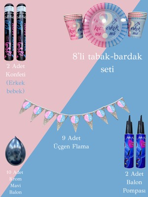 Cinsiyet Partisi Kutlama Seti – Konfeti,tabak-Bardak,flama,balon ve Pompa (Erkek Bebek–kapalı Alan)
