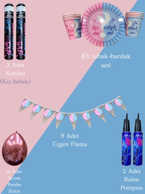 Cinsiyet Partisi Kutlama Seti – Konfeti,tabak-Bardak,flama,balon ve Pompa (Kız Bebek - Kapalı Alan)