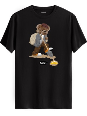 Gold Madenci Ayıcık Baskılı Tişört - %100 Pamuk Tasarım T-Shirt
