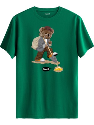 Gold Madenci Ayıcık Baskılı Tişört - %100 Pamuk Tasarım T-Shirt