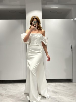 Beyaz Inci Çakma Detaylı Krep Abiye Elbise RK5200