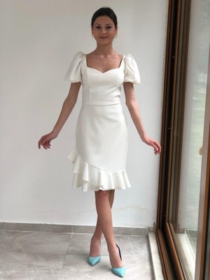 Kaleiçi Yıldızlar Beyaz Yıldızlar Kadın  Balon Kollu Kısa Krep Abiye Rk4897 4897