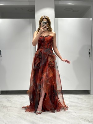 Turuncu Straplez Önü Fırfırlı Detaylı Uzun Abiye Elbise EN5163 5163