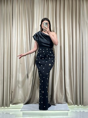 Siyah Tek Omuz Işlemeli Abiye Elbise 5493