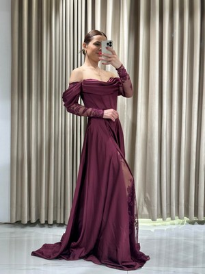 Mürdüm Kayık Yaka Dantel Kollu Abiye Elbise 5561