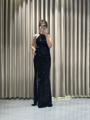 Siyah Halter Yaka Pul Payet Işlemeli Abiye 1004