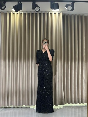 Siyah Payet Uzun Kollu Abiye Elbise 5393