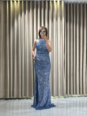 Indigo Halter Yaka Pul Payet Işlemeli Abiye 1004