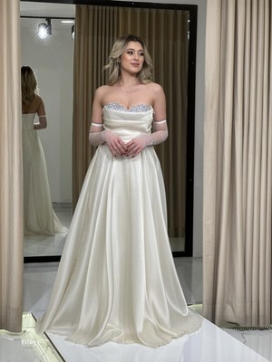 Beyaz Straplez Göğsü Taş Baskı Kiloş Yeni Sezon Abiye Elbise RK5089 5089