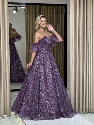 Kaleiçi Yıldızlar Lavanta Volan Kollu Taş İşlemeli Eteği Simli Yeni Sezon Nişanlık Le2009 2009