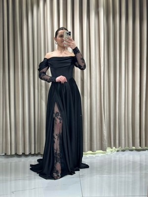 Siyah Kayık Yaka Dantel Kollu Abiye Elbise 5561