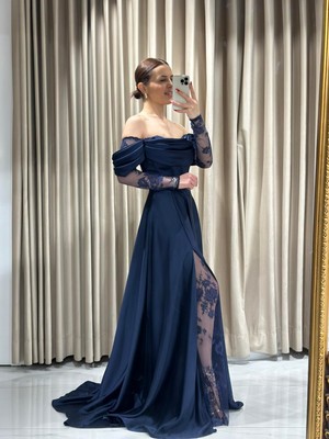 Lacivert Kayık Yaka Dantel Kollu Abiye Elbise 5561