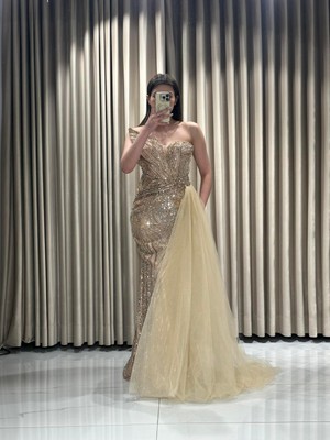 Gold Straplez Pul Payet Işlemeli Abiye 933