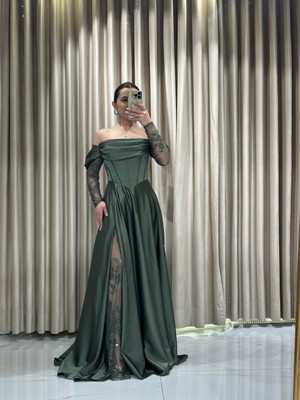 Haki Kayık Yaka Dantel Kollu Abiye Elbise 5561