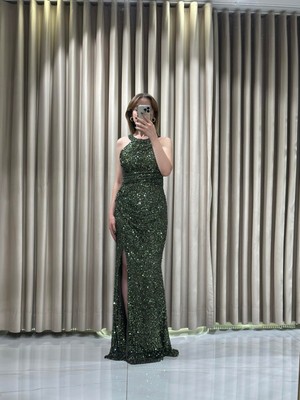 Haki Halter Yaka Pul Payet Işlemeli Abiye 1004