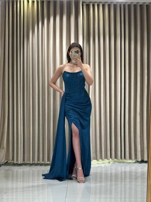 Petrol Mavisi Taş Işlemeli Saten Abiye 1079