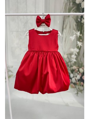 Balon Etek Elbise Kırmızı Fiyonklu Kız Çocuk Gelinlik Abiye