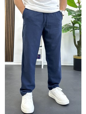 Erkek Rahat Kalıp Keten Görünümlü Pamuklu Beli Lastikli Pantolon Lacivert EDW404
