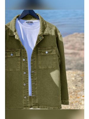 Erkek Oversize Denim Kot Gömlek Ceket Haki EDW397