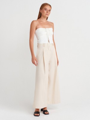 71634 Pilili Geniş Paça Pantolon-Ekru
