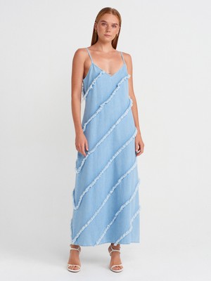 90574 Parçalı Uzun Denim Elbise-Mavi