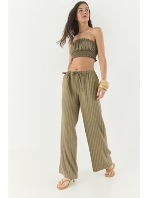 Kadın Çizgili Gipe Detaylı Crop Top Beli Ipli Geniş Paça Pantolon Alt-Üst Takım