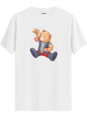 Kalp ve Ayı Tasarımlı Unisex Tişört