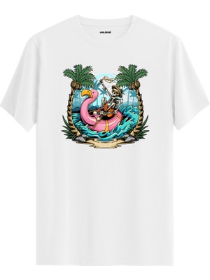 Iskelet ve Flamingo Baskılı %100 Pamuk Tişört