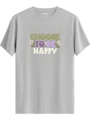 Retro Izgara Desenli "choose To Be Happy" Unisex Tişört