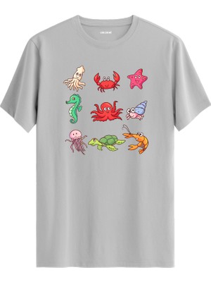 Deniz Canlıları Baskılı %100 Pamuk Tişört