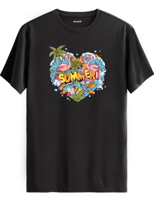 Summer Flamingo Baskılı %100 Pamuk Tişört