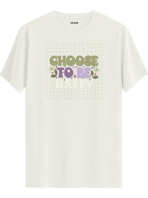 Retro Izgara Desenli "choose To Be Happy" Unisex Tişört