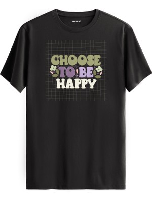Retro Izgara Desenli "choose To Be Happy" Unisex Tişört