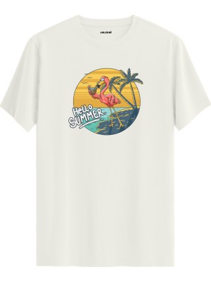 Hello Summer Flamingo Baskılı %100 Pamuk Tişört