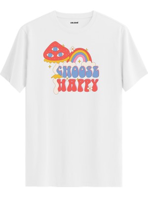Retro Mantar ve Gökkuşağı "choose Happy" Unisex Baskılı Tişört