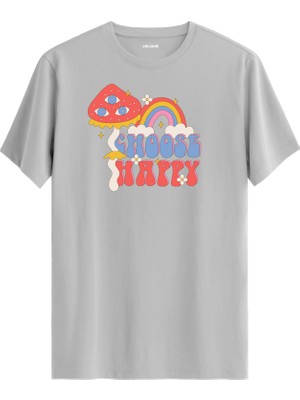 Retro Mantar ve Gökkuşağı "choose Happy" Unisex Baskılı Tişört